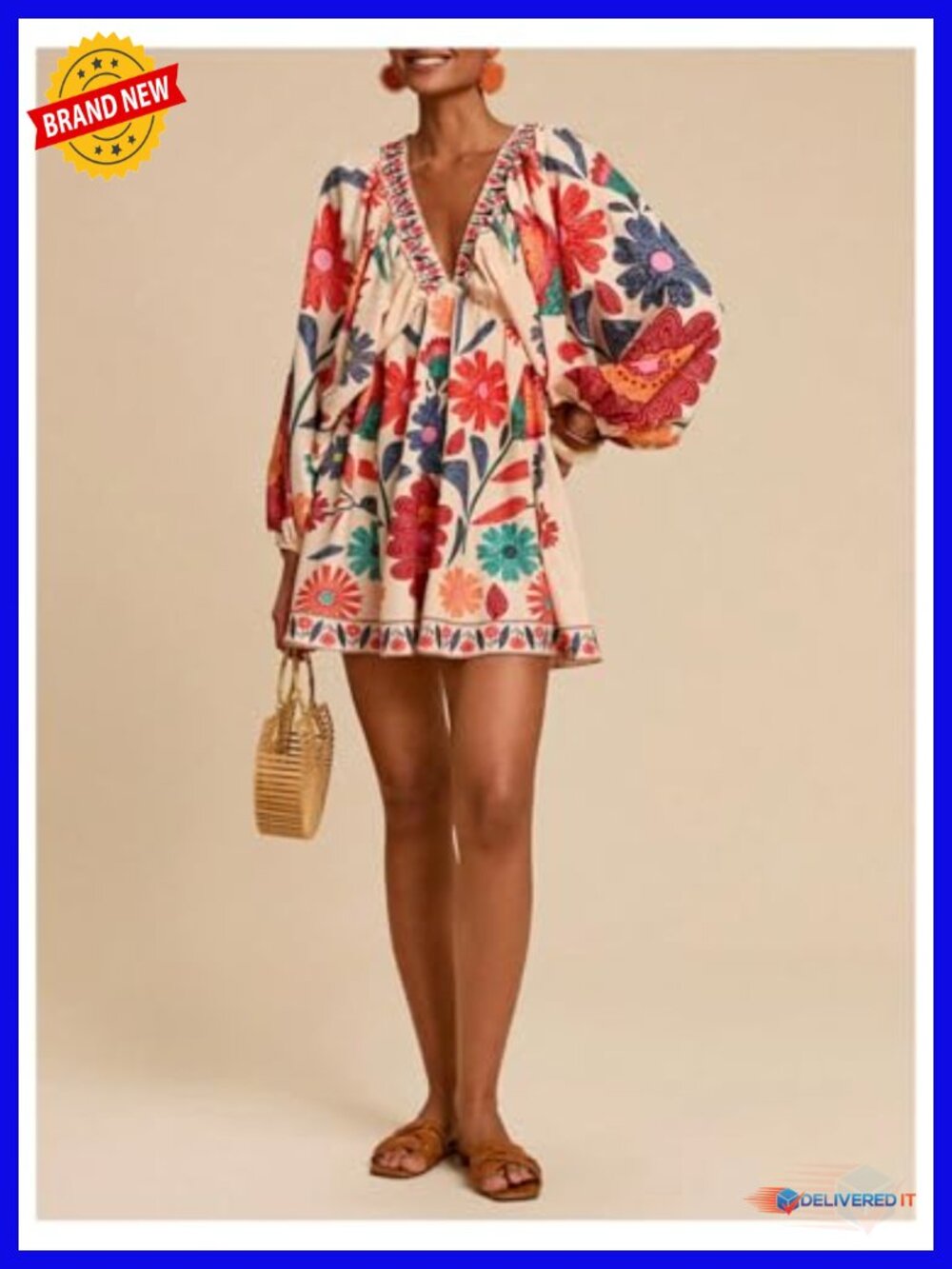 Women's Boho Floral V Neck Mini Dress Long Bishop Sleeve Tie Back Tropical - Picture 4 of 4